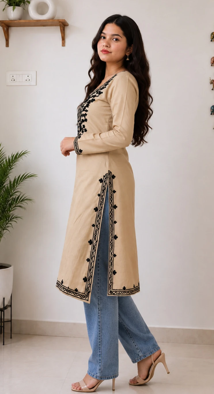 Women’s Beige Straight Kurti with Black Floral Embroidery
