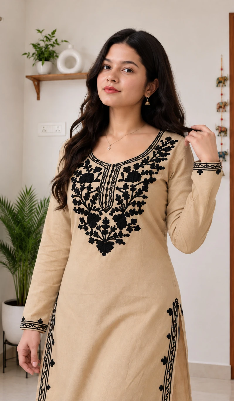 Women’s Beige Straight Kurti with Black Floral Embroidery