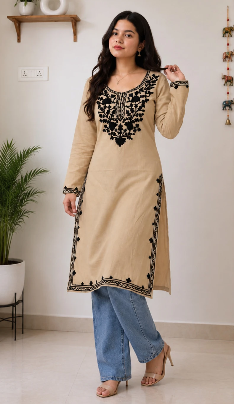 Women’s Beige Straight Kurti with Black Floral Embroidery
