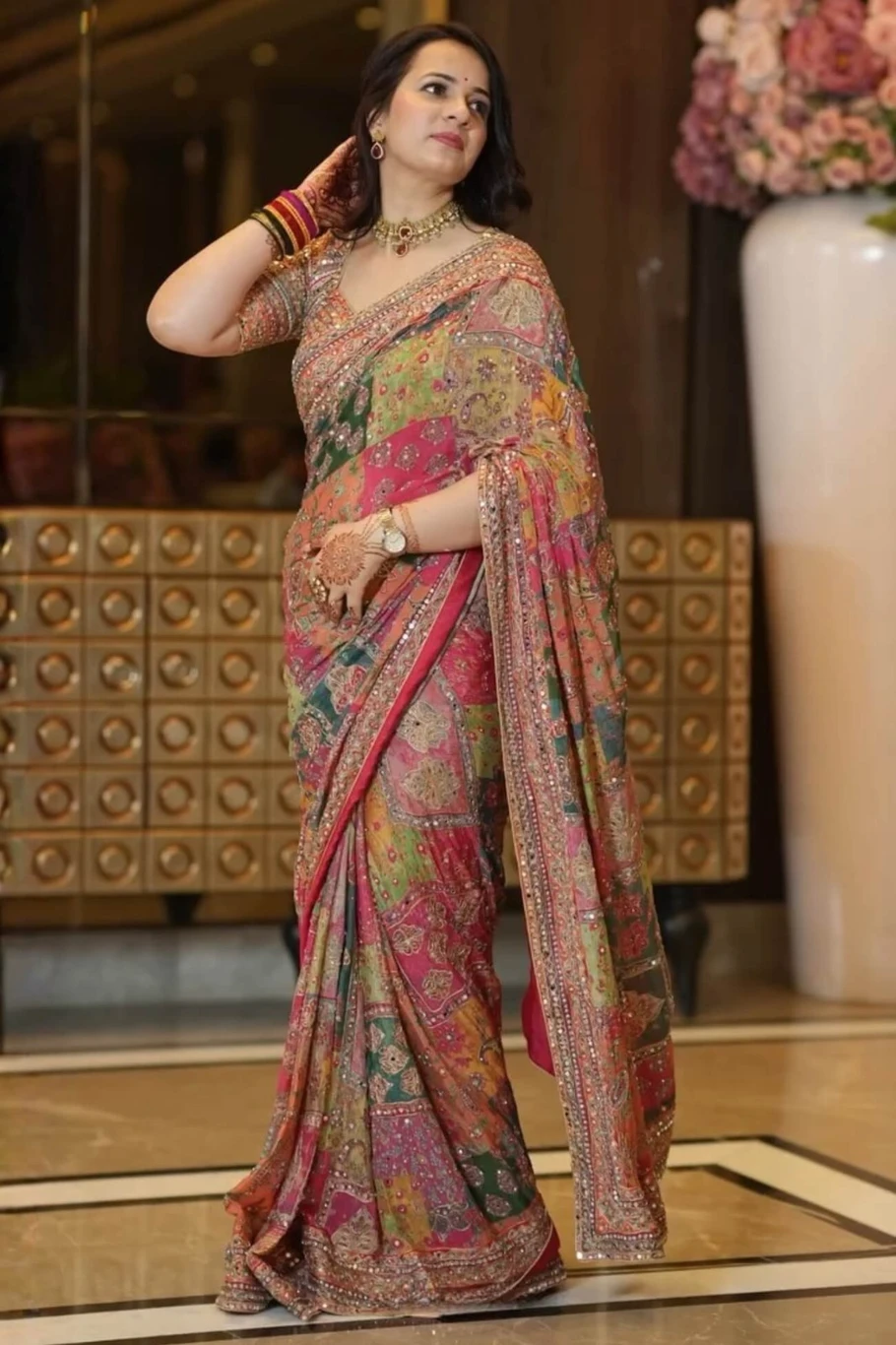Printed Bollywood Silk Blend Saree (Multicolor)