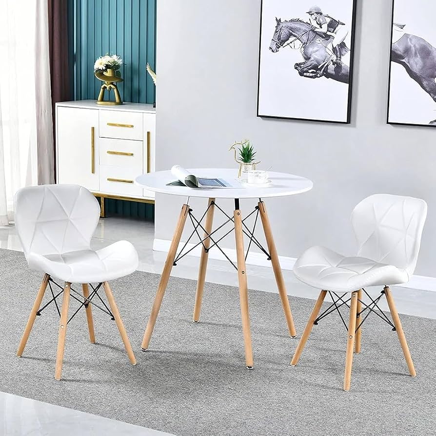 Modern White Dining Table Set with 2 Chairs – Round Table with Wooden Legs