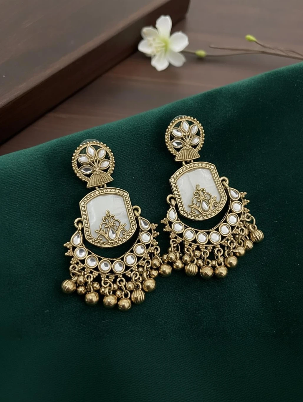Antique Gold-Plated Kundan Pearl Drop Jhumka Earrings