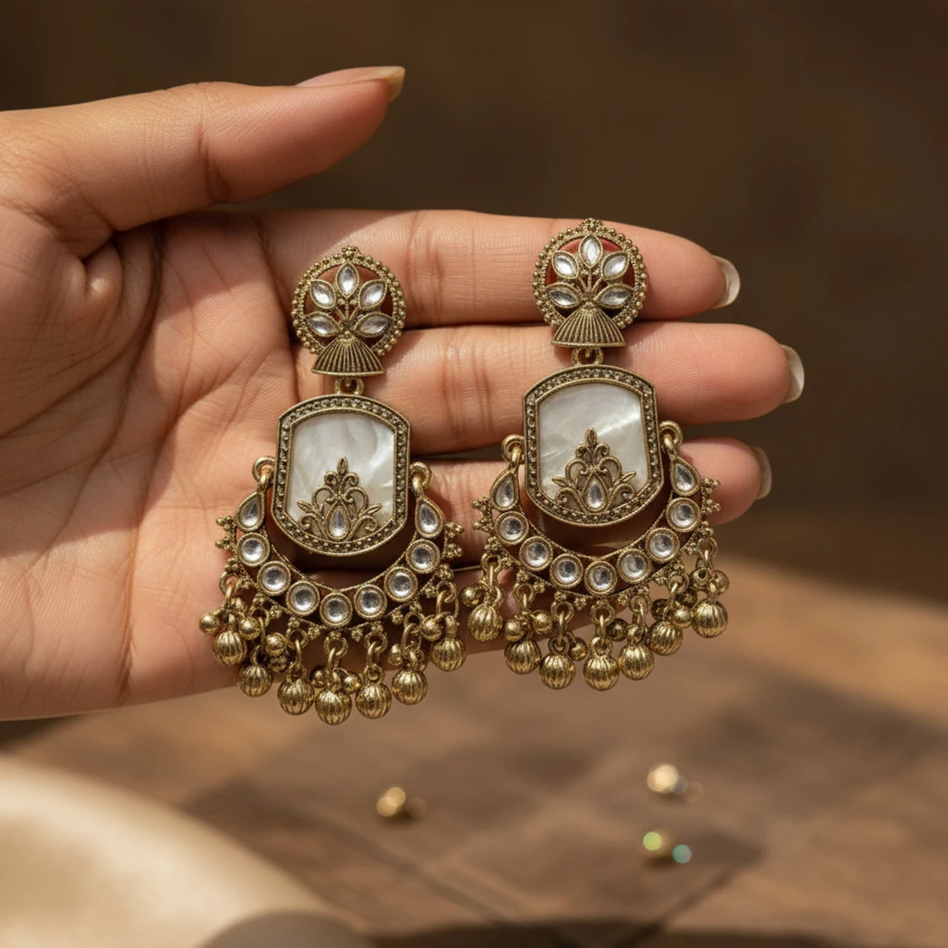 Antique Gold-Plated Kundan Pearl Drop Jhumka Earrings
