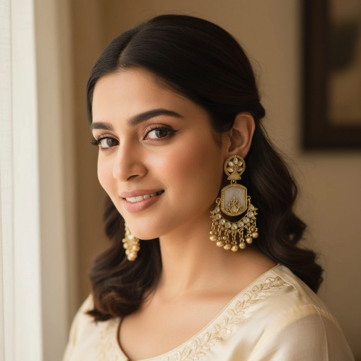 Antique Gold-Plated Kundan Pearl Drop Jhumka Earrings