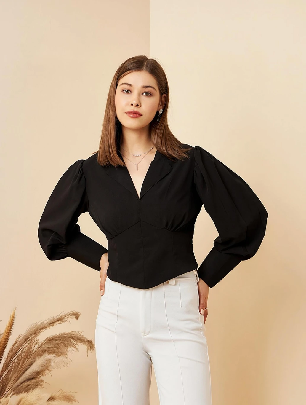 Casual Cuffed Sleeves Solid Women Black Top