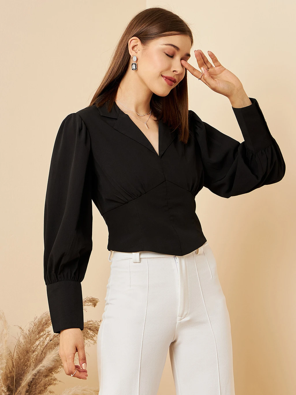 Casual Cuffed Sleeves Solid Women Black Top