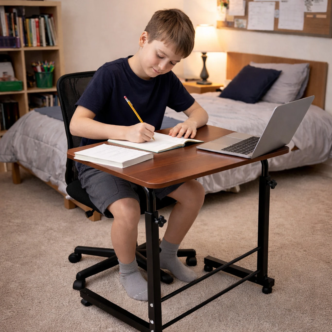 Adjustable Height Foldable Study Table with Wheels – Wooden Top