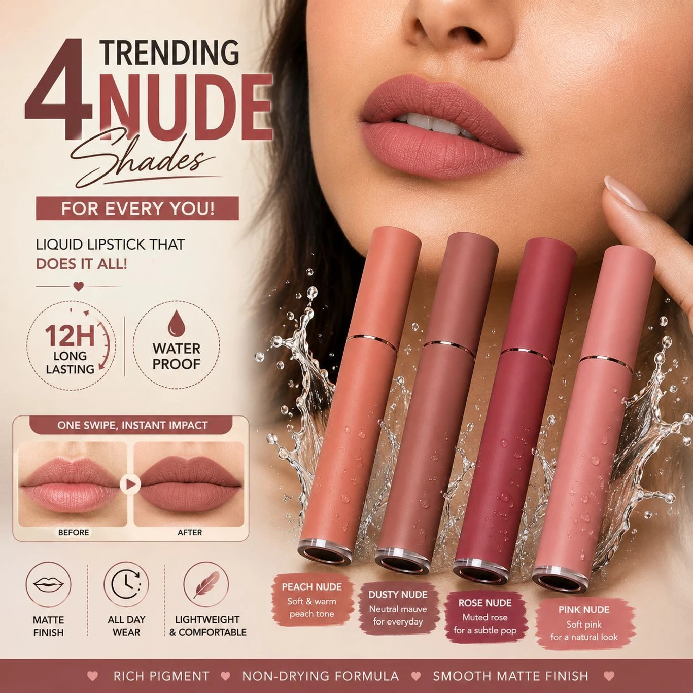 Nude Lipstick Combo Waterproof Non Sticky Formula 