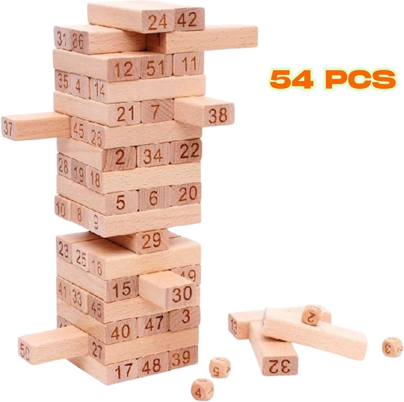 Roarify Wooden Jenga Tumbling Tower of 54 pcs–Puzzle Block for Kids-Adults & Family Party & Fun Board Game